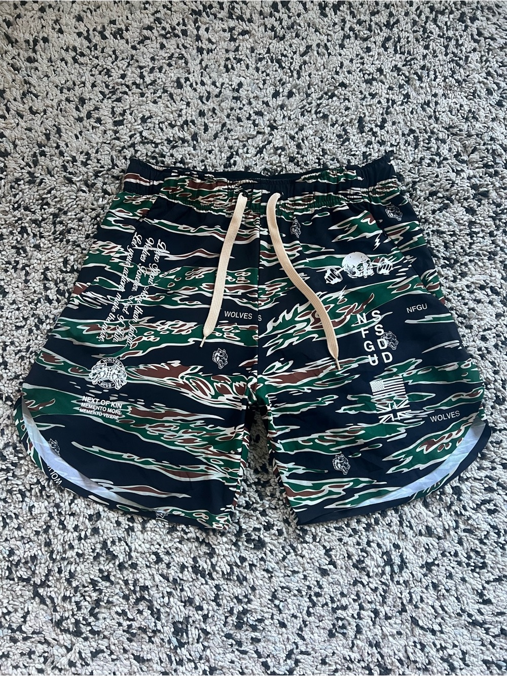 Darc Sport Black, Green & Brown Camo-Print Athletic Shorts with Beige Drawstring